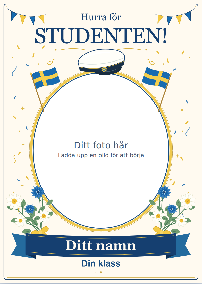 Studentskylt Standard med svensk flaggdesign och plats för eget foto, namn och klass