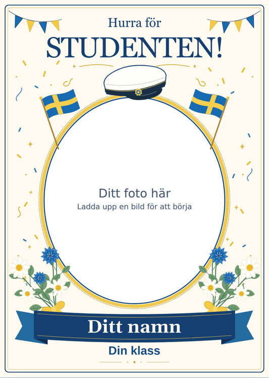 Studentskylt Standard med svensk flaggdesign och plats för eget foto, namn och klass